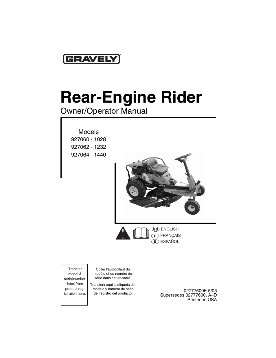 Gravely 927062-1232 User Manual | 27 pages