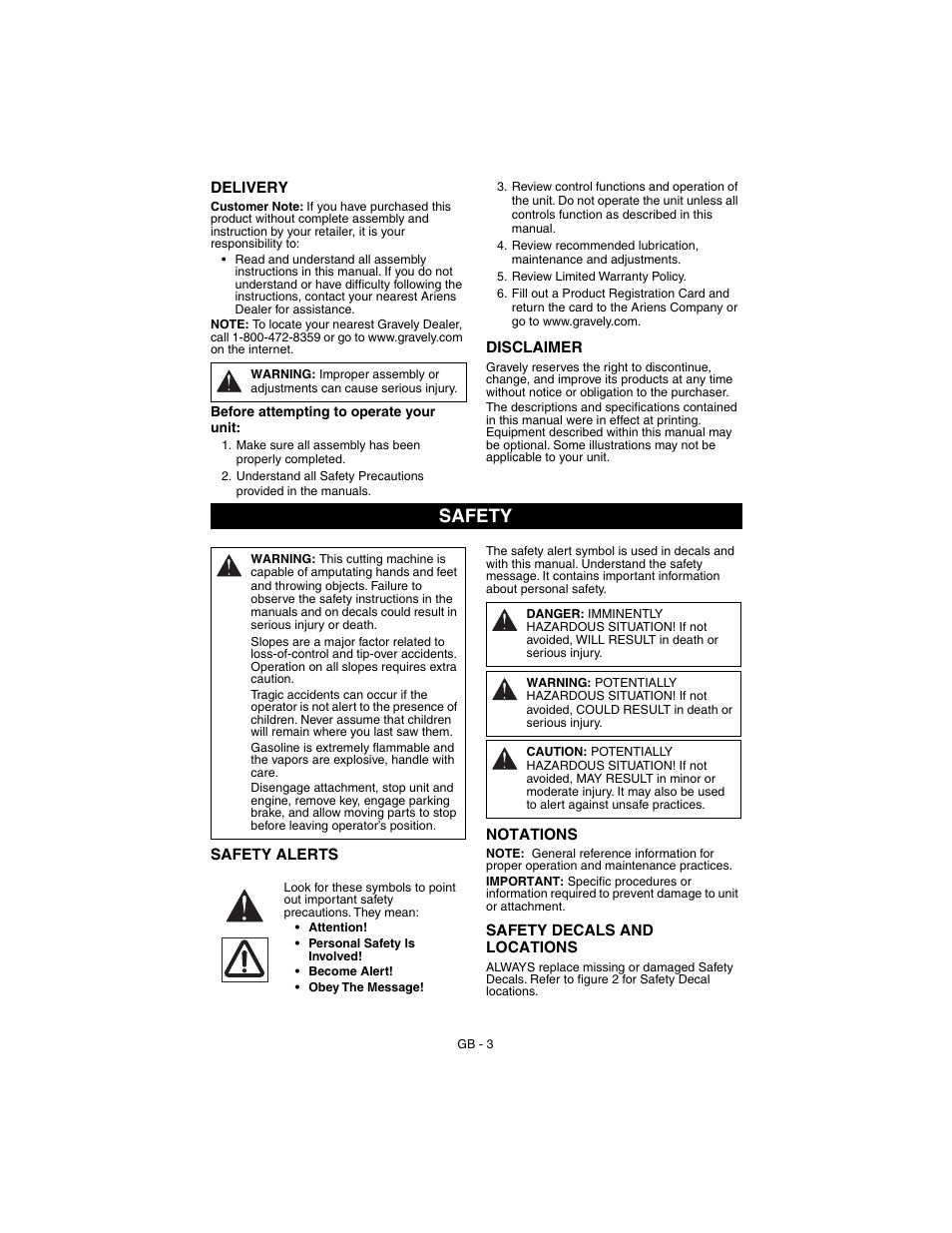 Safety | Gravely 927062-1232 User Manual | Page 3 / 27