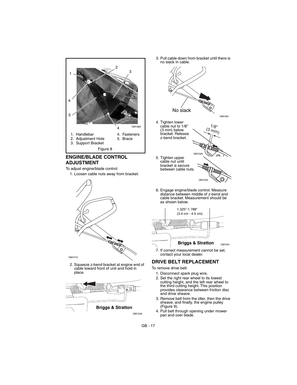 Engine/blade control adjustment, Drive belt replacement, No slack | Gravely 911530 - Pro 21 SCH User Manual | Page 17 / 23