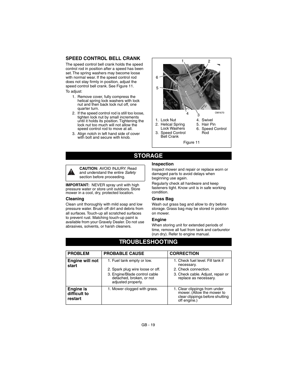 Storage, Troubleshooting, Speed control bell crank | T, see | Gravely 911530 - Pro 21 SCH User Manual | Page 19 / 23