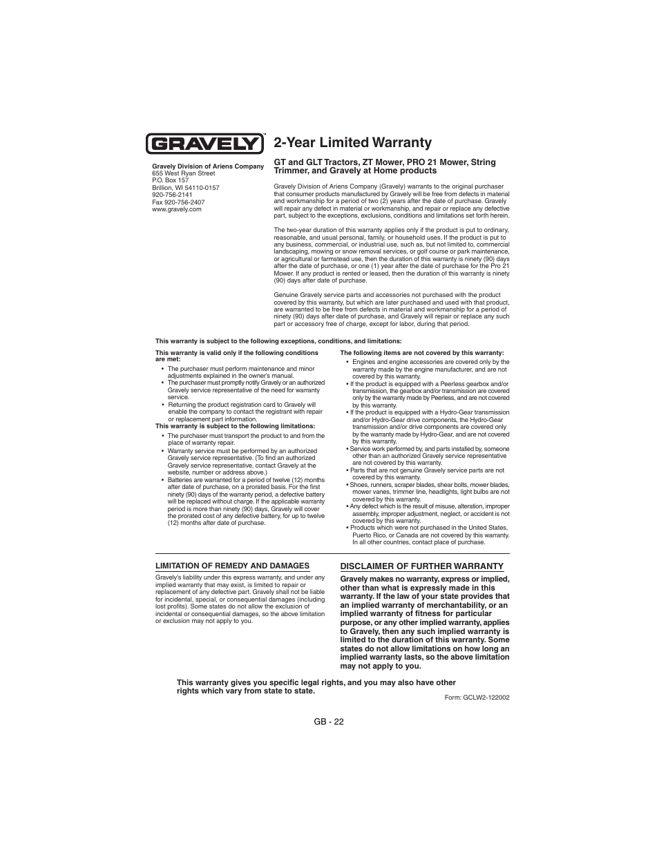 Year limited warranty | Gravely 911530 - Pro 21 SCH User Manual | Page 22 / 23