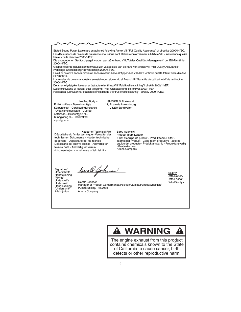 Warning | Gravely 911530 - Pro 21 SCH User Manual | Page 3 / 23