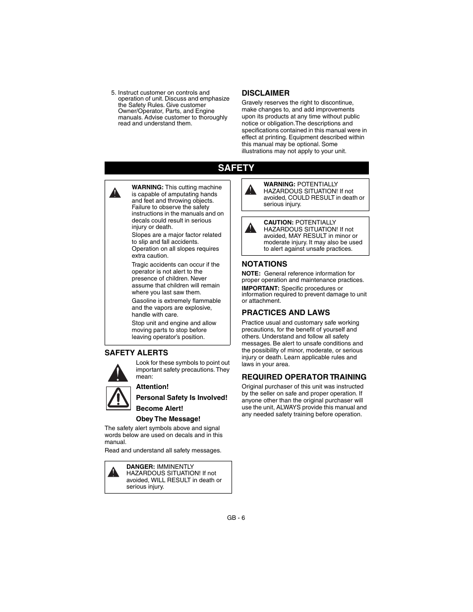 Safety | Gravely 911530 - Pro 21 SCH User Manual | Page 6 / 23
