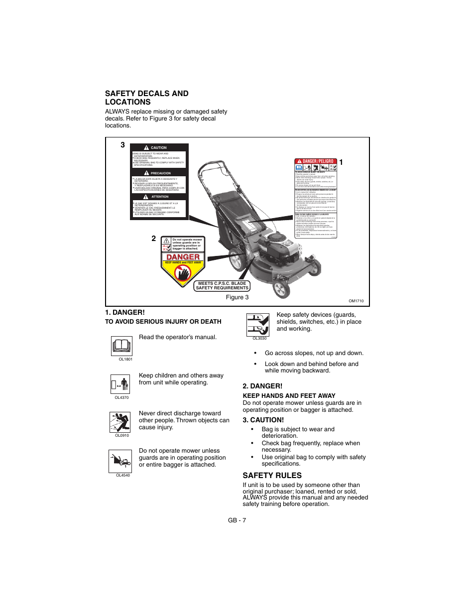 Safety decals and locations, Safety rules, Danger | Caution, Gb - 7 | Gravely 911530 - Pro 21 SCH User Manual | Page 7 / 23