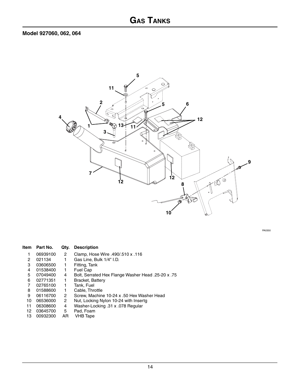 Gas tanks, 1 06939100 2 clamp, hose wire .490/.510 x .116, Anks | Gravely 927060 - RM1028 User Manual | Page 14 / 25