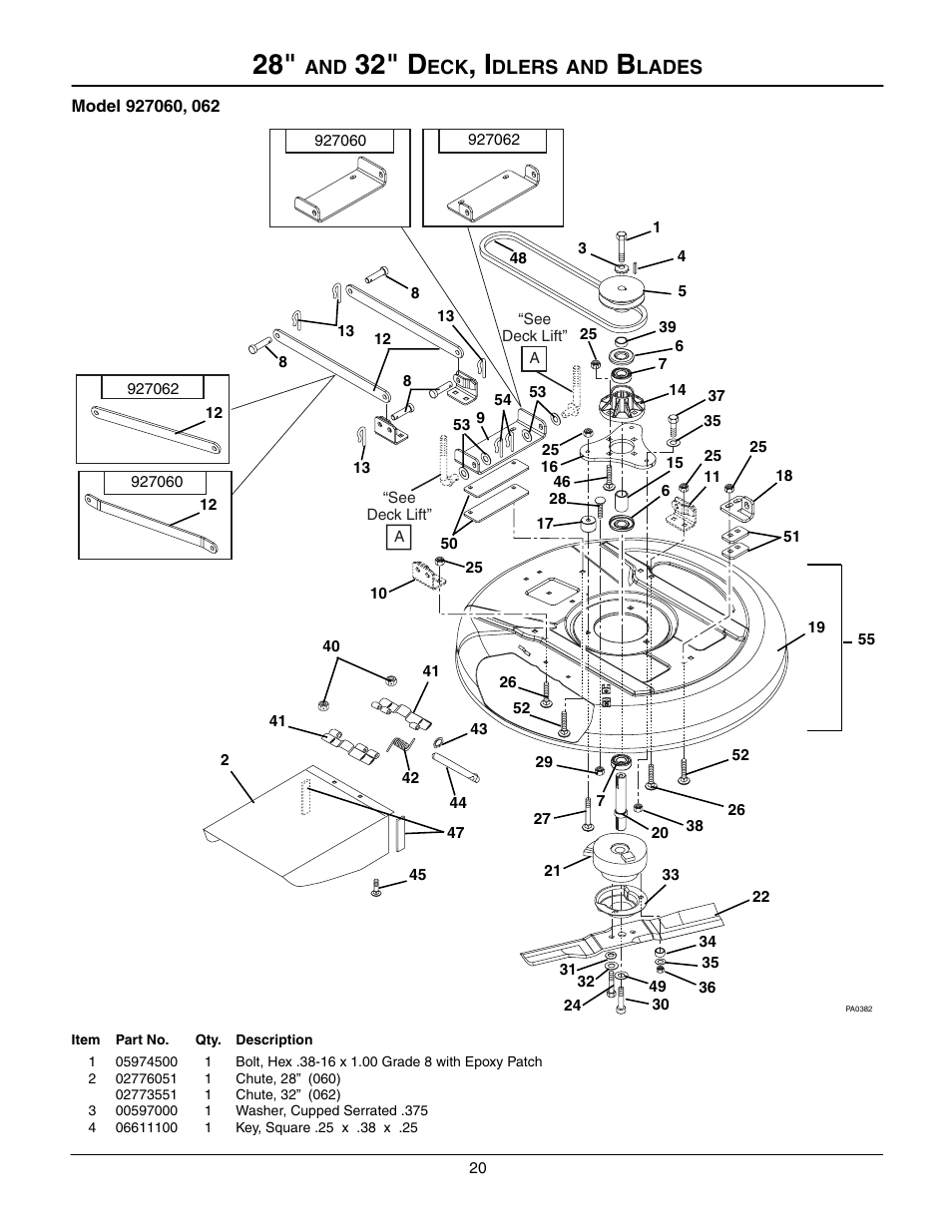 28" and 32" deck, idlers and blades, 32" d, Dlers | Lades | Gravely 927060 - RM1028 User Manual | Page 20 / 25