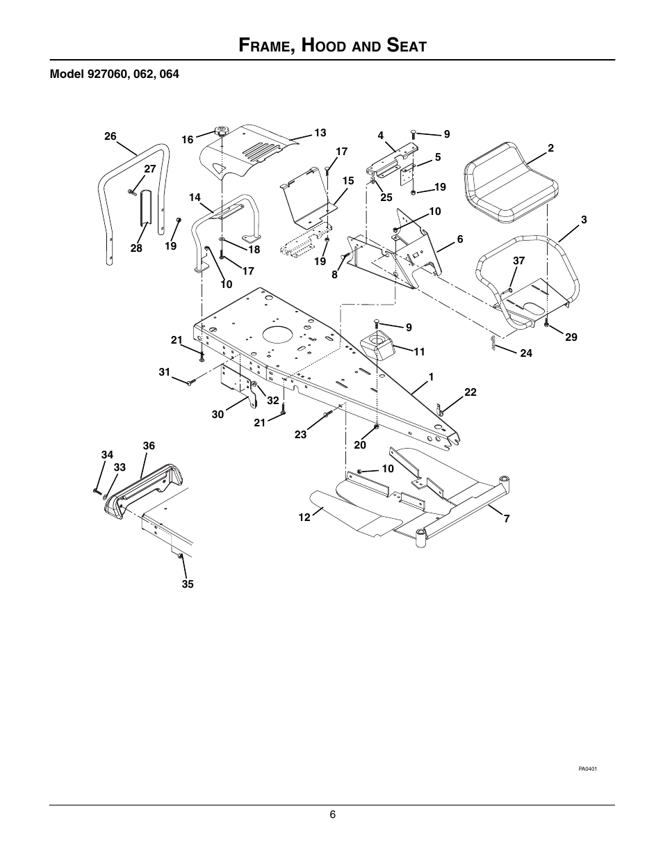 Frame, hood and seat | Gravely 927060 - RM1028 User Manual | Page 6 / 25