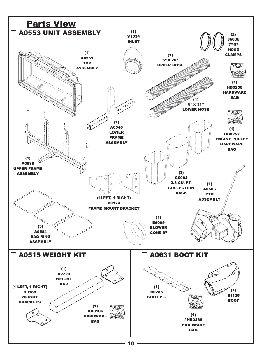 Parts view, A0515 weight kit, A0553 unit assembly | A0631 boot kit | Gravely 12031303 User Manual | Page 10 / 22