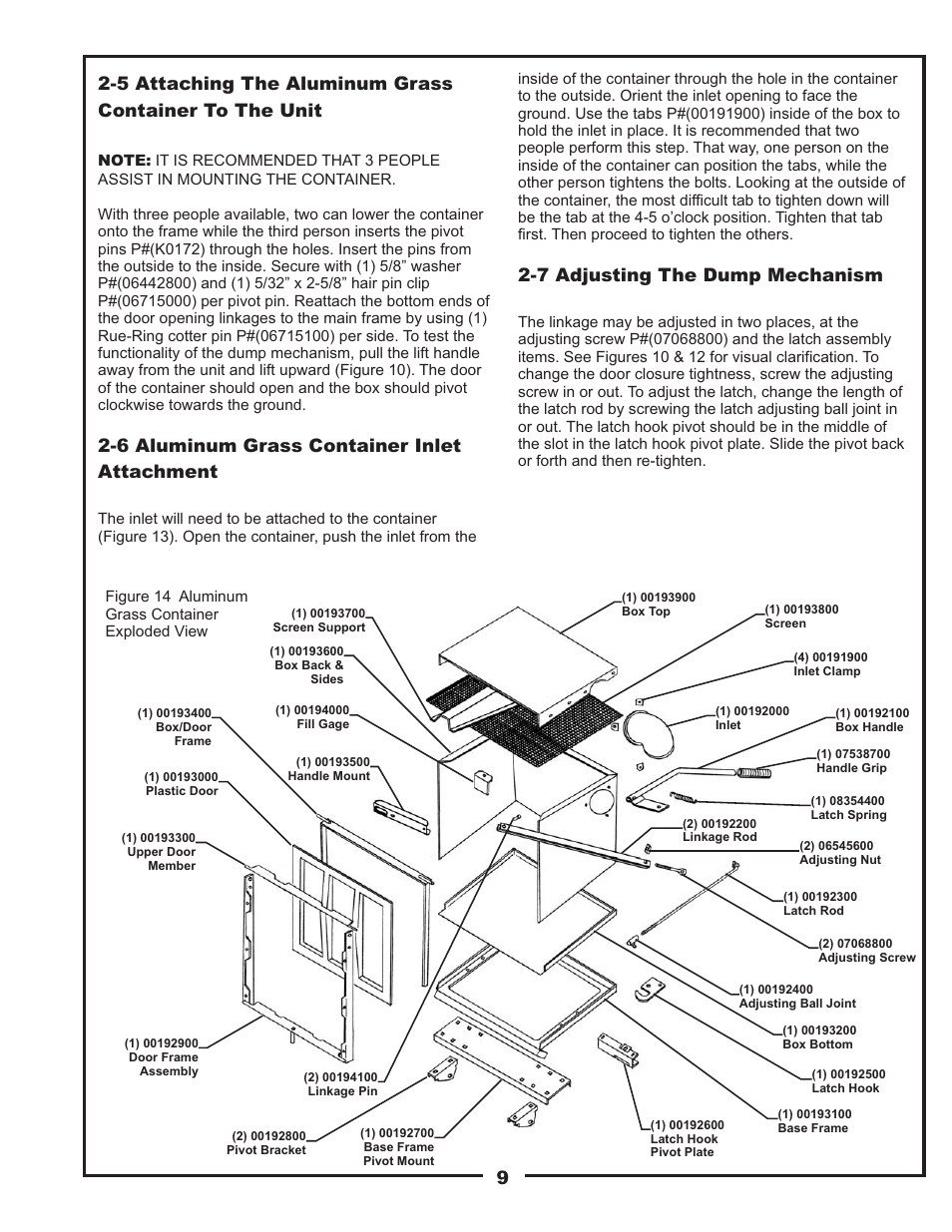 6 aluminum grass container inlet attachment, 7 adjusting the dump mechanism | Gravely 89201800 User Manual | Page 9 / 18