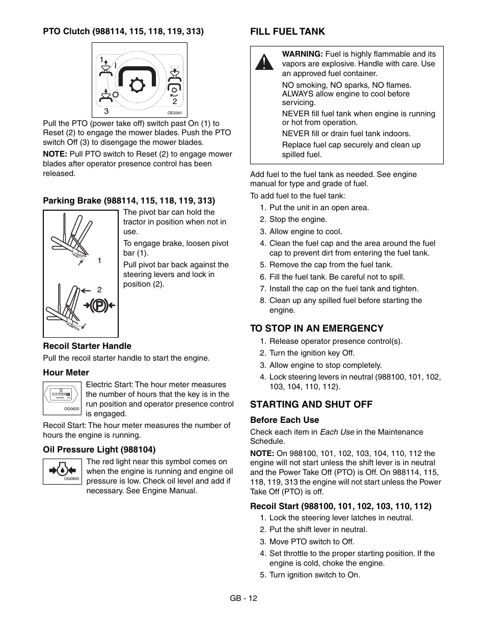 Fill fuel tank, Starting and shut off | Gravely 988100-GR1336FX User Manual | Page 12 / 30