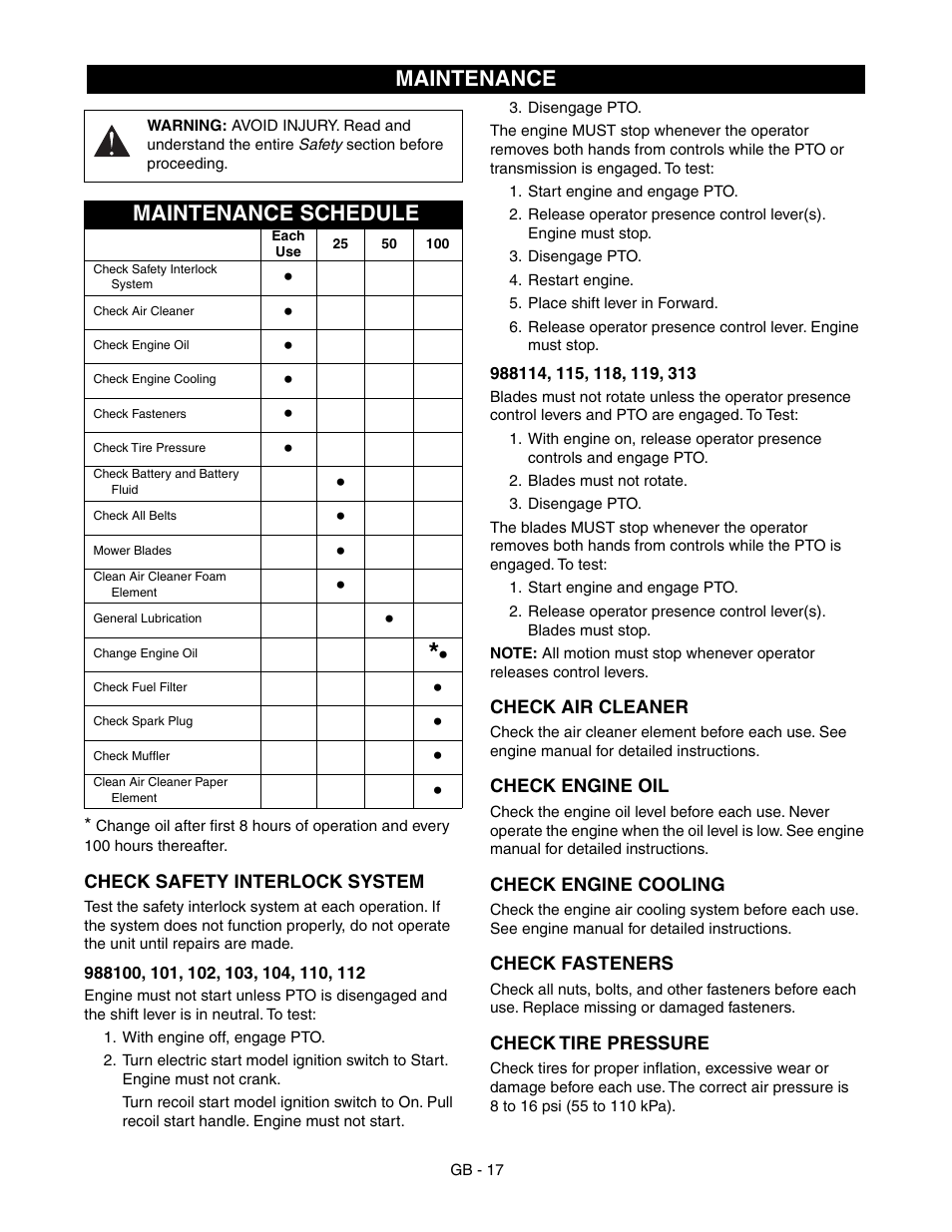 Maintenance, Maintenance schedule, Check safety | Interlock system, Check safety interlock system | Gravely 988100-GR1336FX User Manual | Page 17 / 30