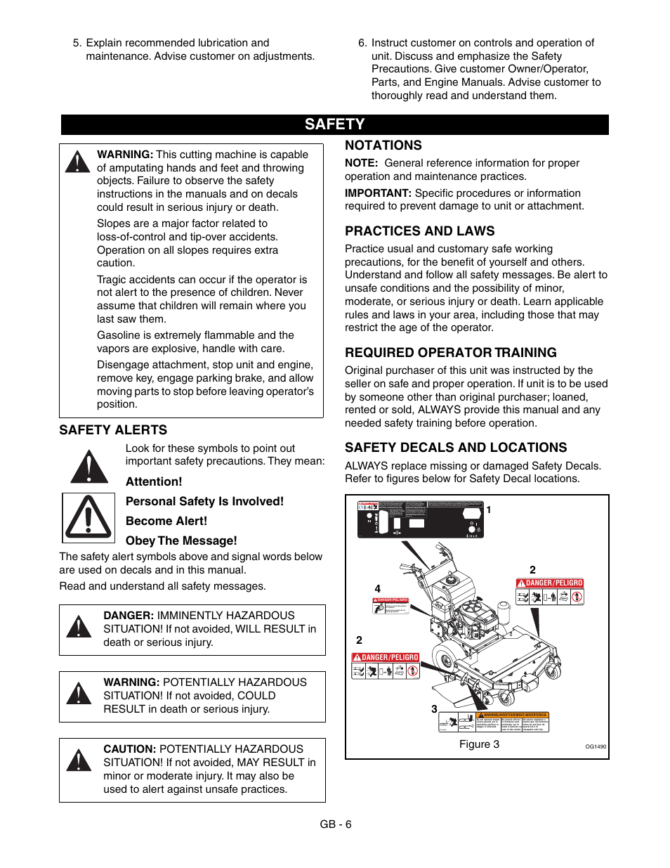 Safety, Safety alerts, Notations | Practices and laws, Required operator training, Safety decals and locations | Gravely 988100-GR1336FX User Manual | Page 6 / 30