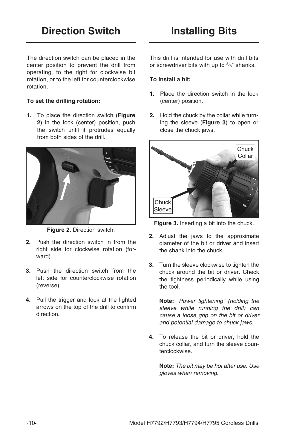 Installing bits, Direction switch | Grizzly H7793 User Manual | Page 12 / 20