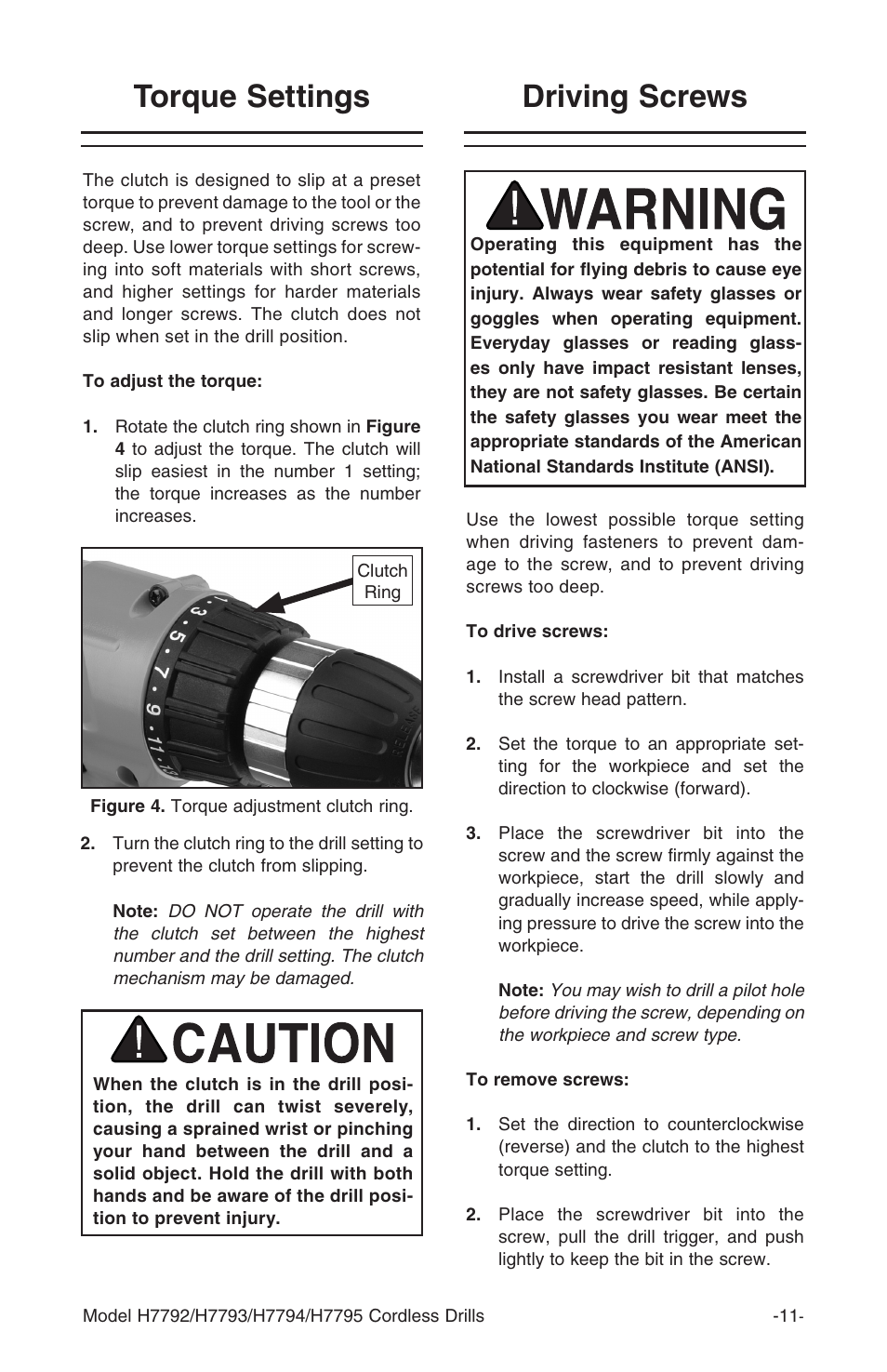 Torque settings, Driving screws | Grizzly H7793 User Manual | Page 13 / 20