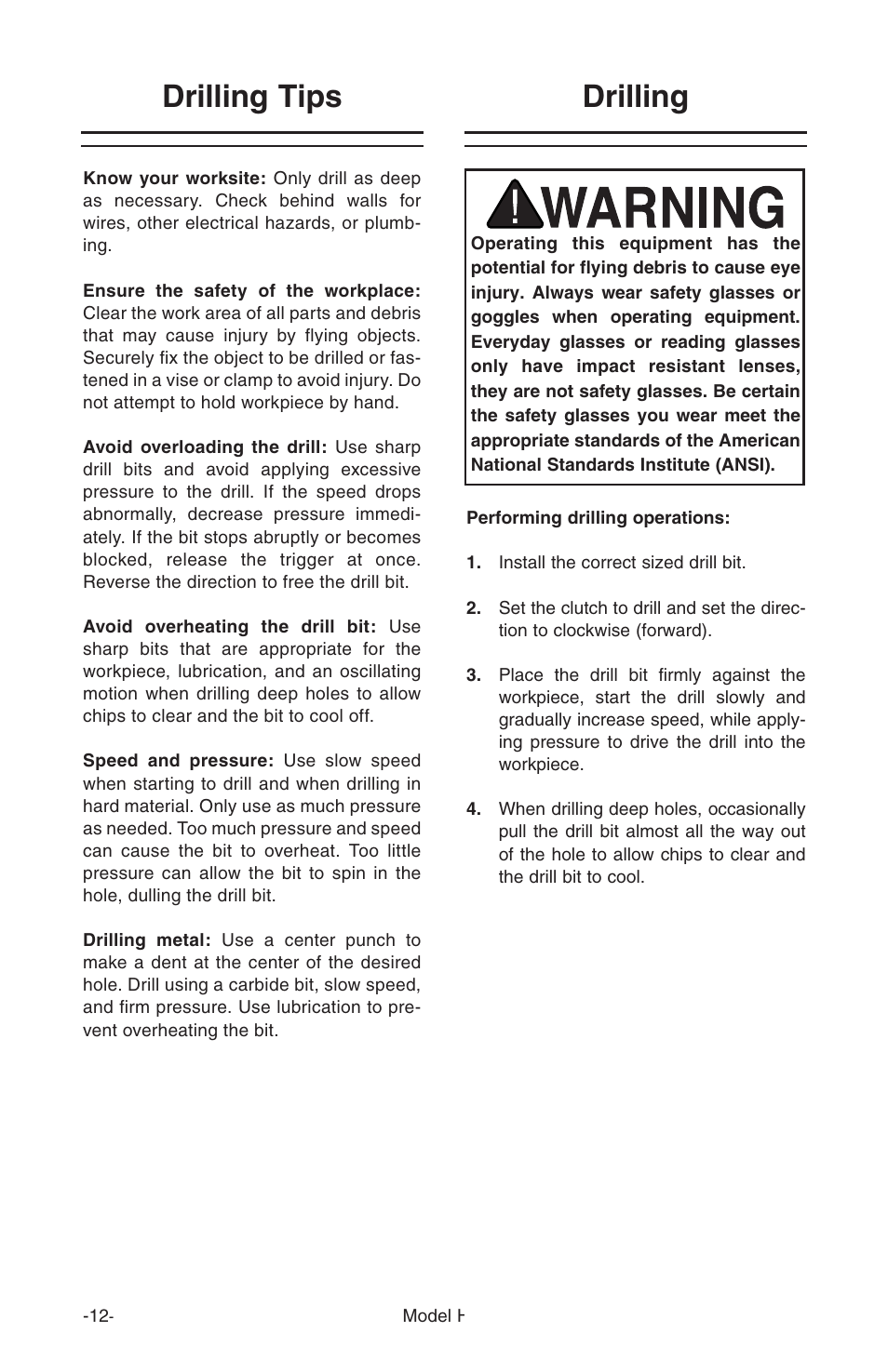 Drilling tips, Drilling | Grizzly H7793 User Manual | Page 14 / 20