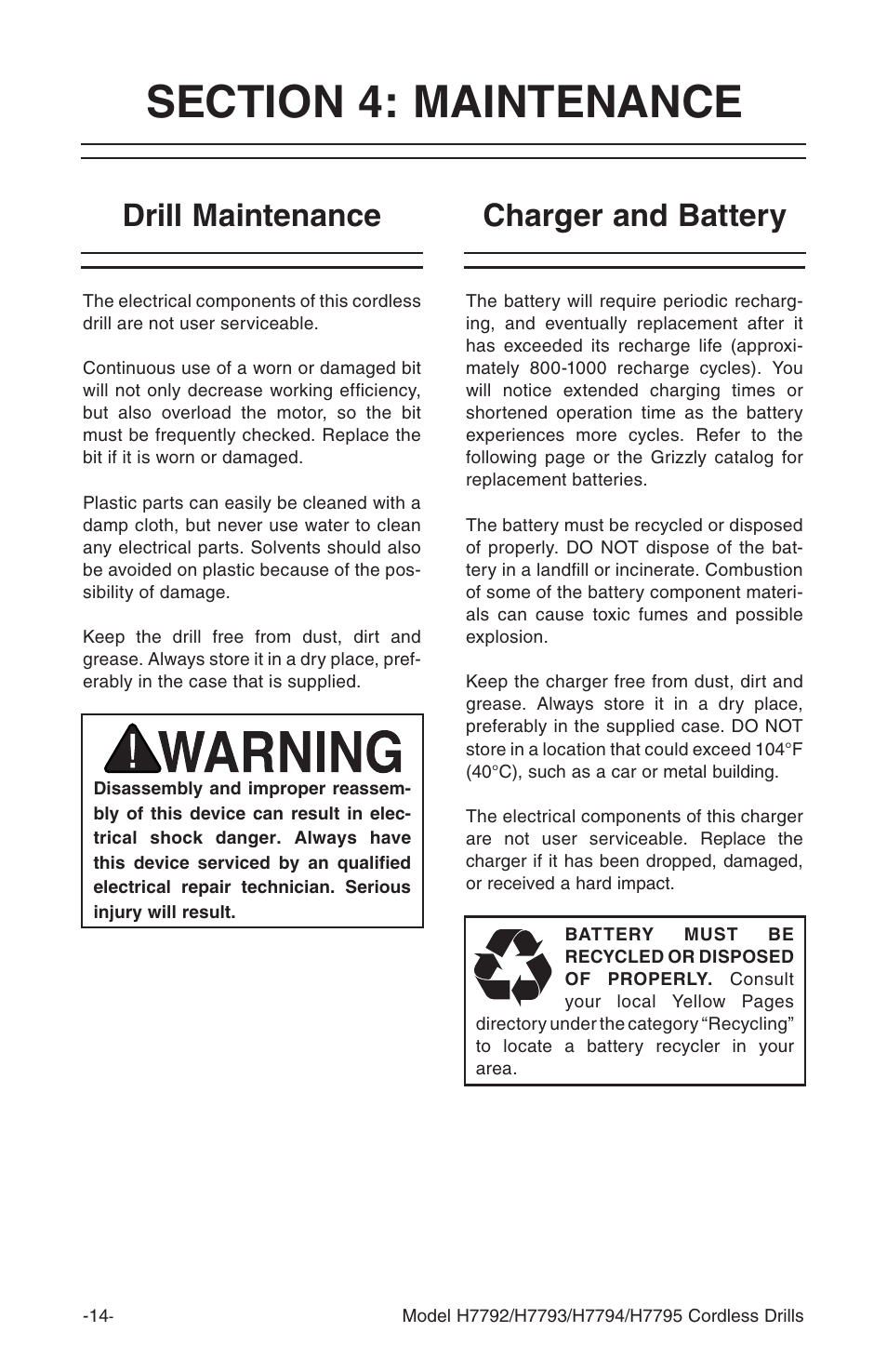 Drill maintenance, Charger and battery | Grizzly H7793 User Manual | Page 16 / 20