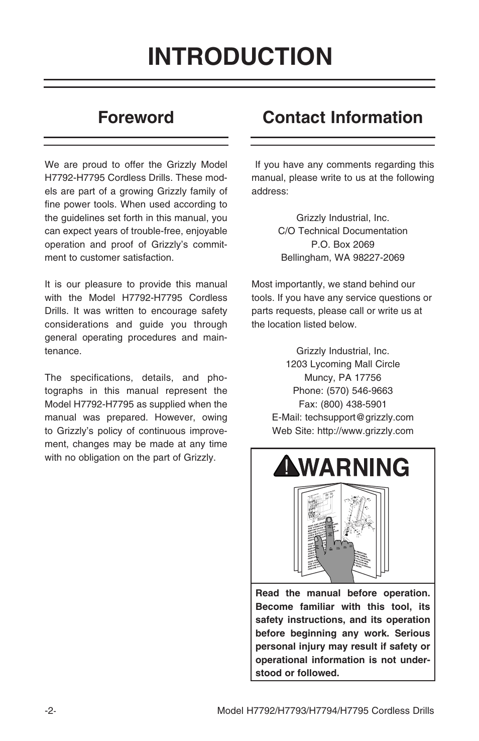 Introduction, Foreword contact information | Grizzly H7793 User Manual | Page 4 / 20
