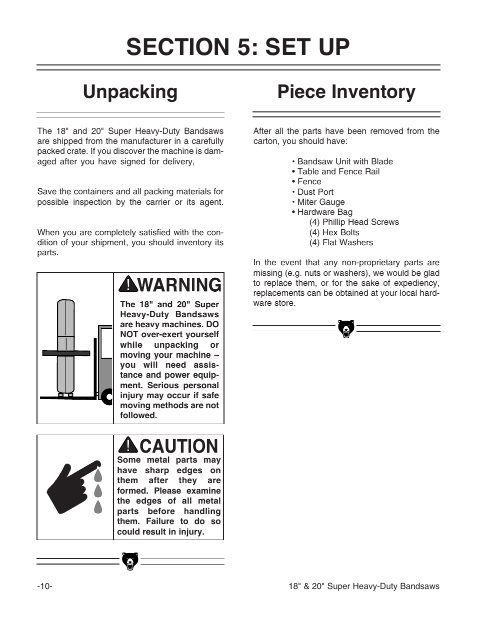 Piece inventory, Unpacking | Grizzly G0506 User Manual | Page 12 / 56