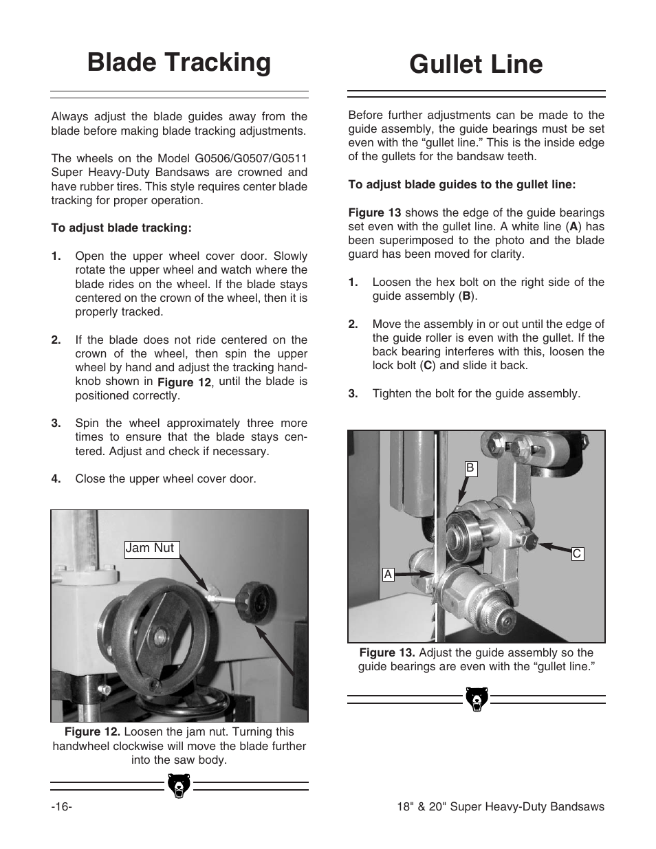 Blade tracking, Gullet line | Grizzly G0506 User Manual | Page 18 / 56