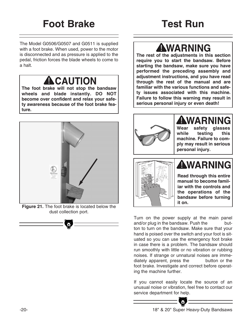 Foot brake, Test run | Grizzly G0506 User Manual | Page 22 / 56