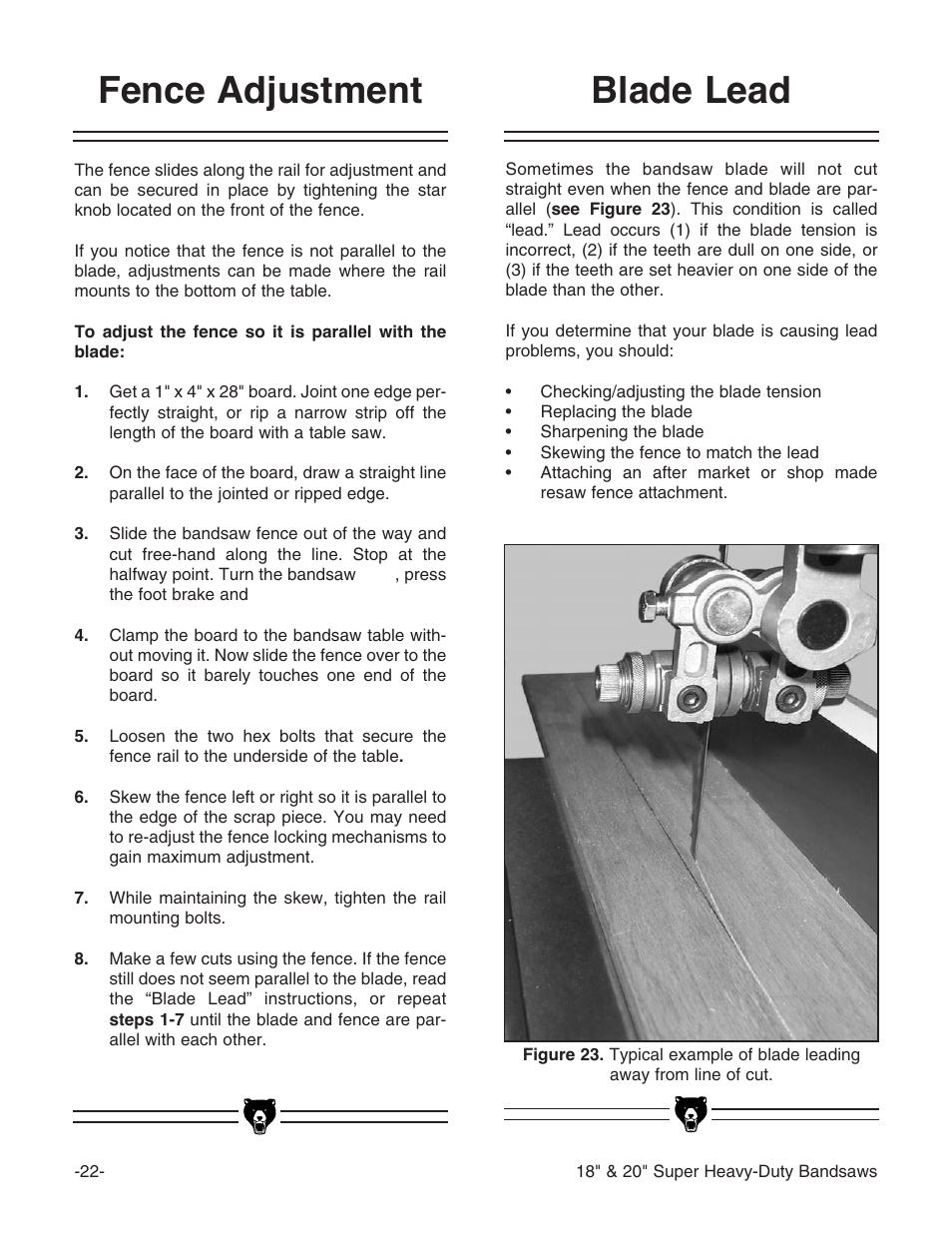 Blade lead, Fence adjustment | Grizzly G0506 User Manual | Page 24 / 56