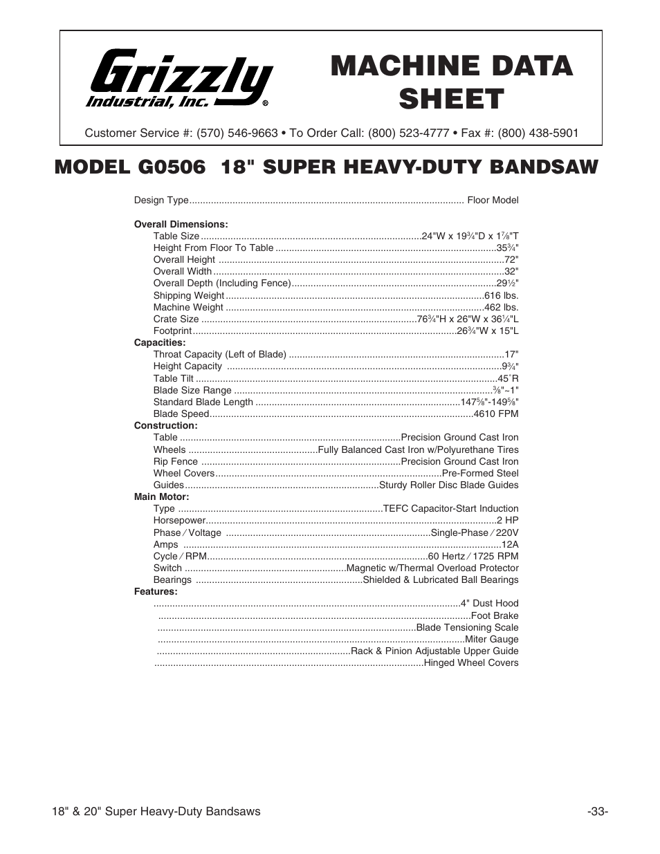 Machine data sheet | Grizzly G0506 User Manual | Page 35 / 56