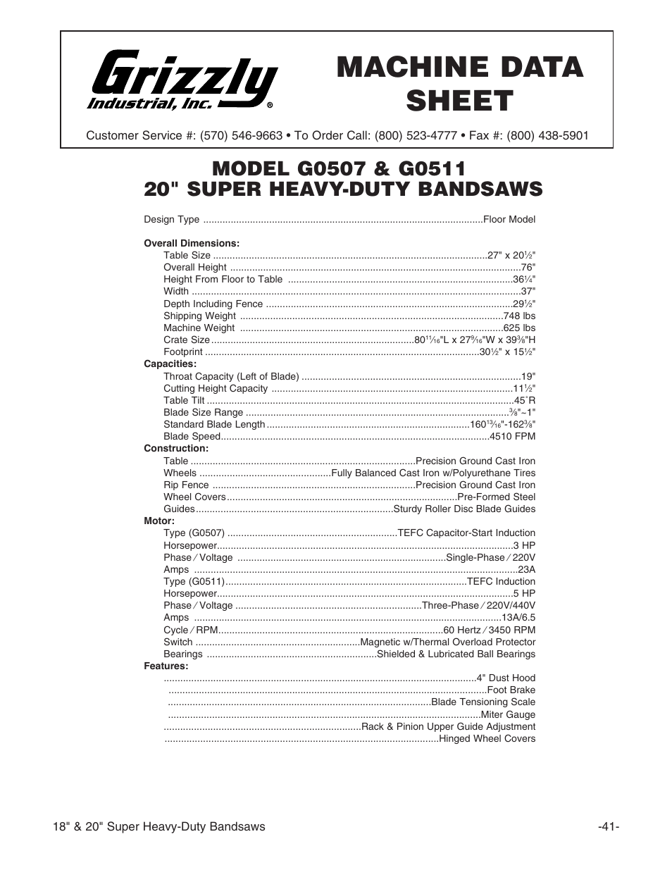 Machine data sheet | Grizzly G0506 User Manual | Page 43 / 56