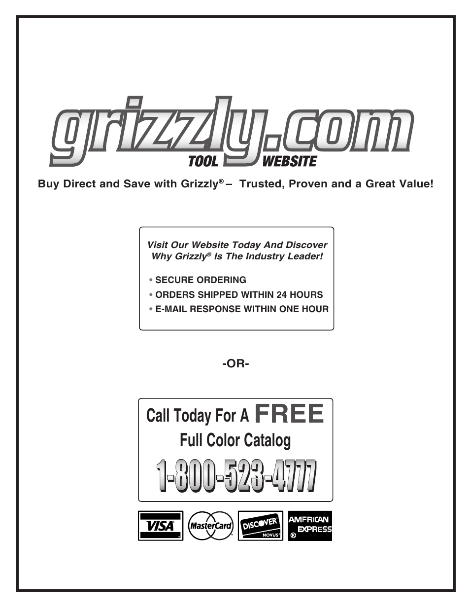 Free, Call today for a, Full color catalog | Grizzly G0506 User Manual | Page 56 / 56