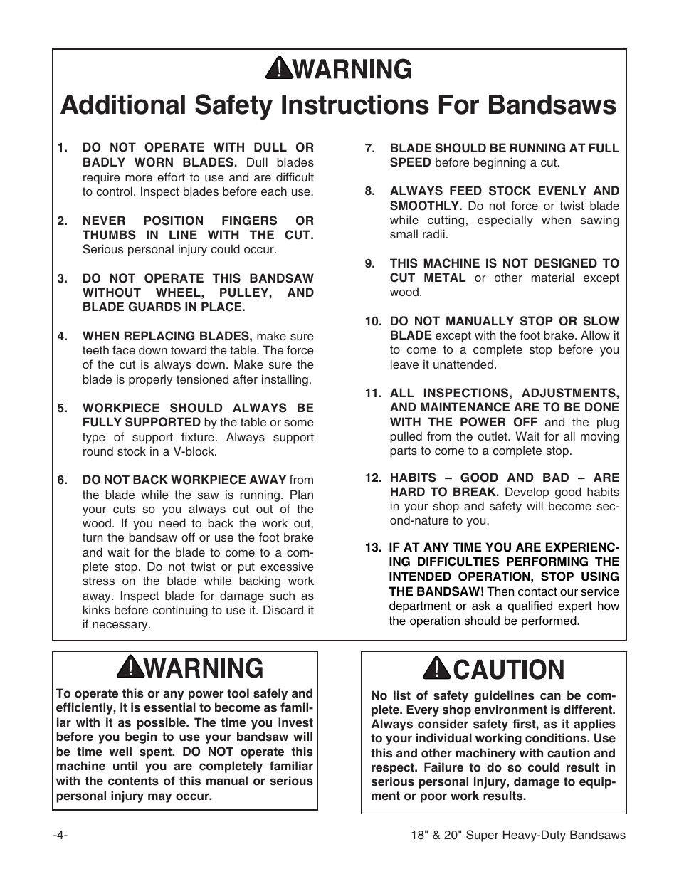 Additional safety instructions for bandsaws | Grizzly G0506 User Manual | Page 6 / 56