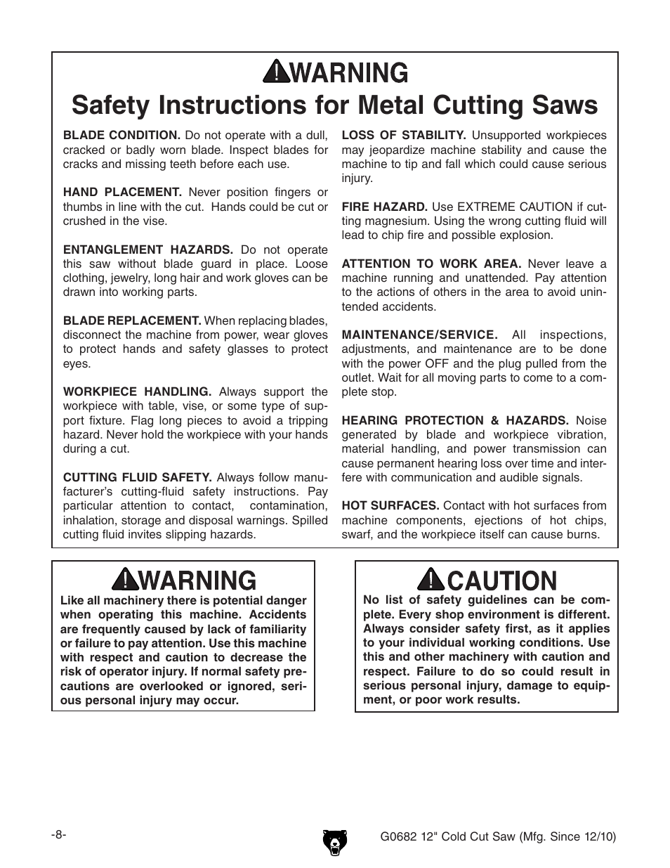 Safety instructions for metal cutting saws | Grizzly 12" Cold Cut Saw G0682 User Manual | Page 10 / 52