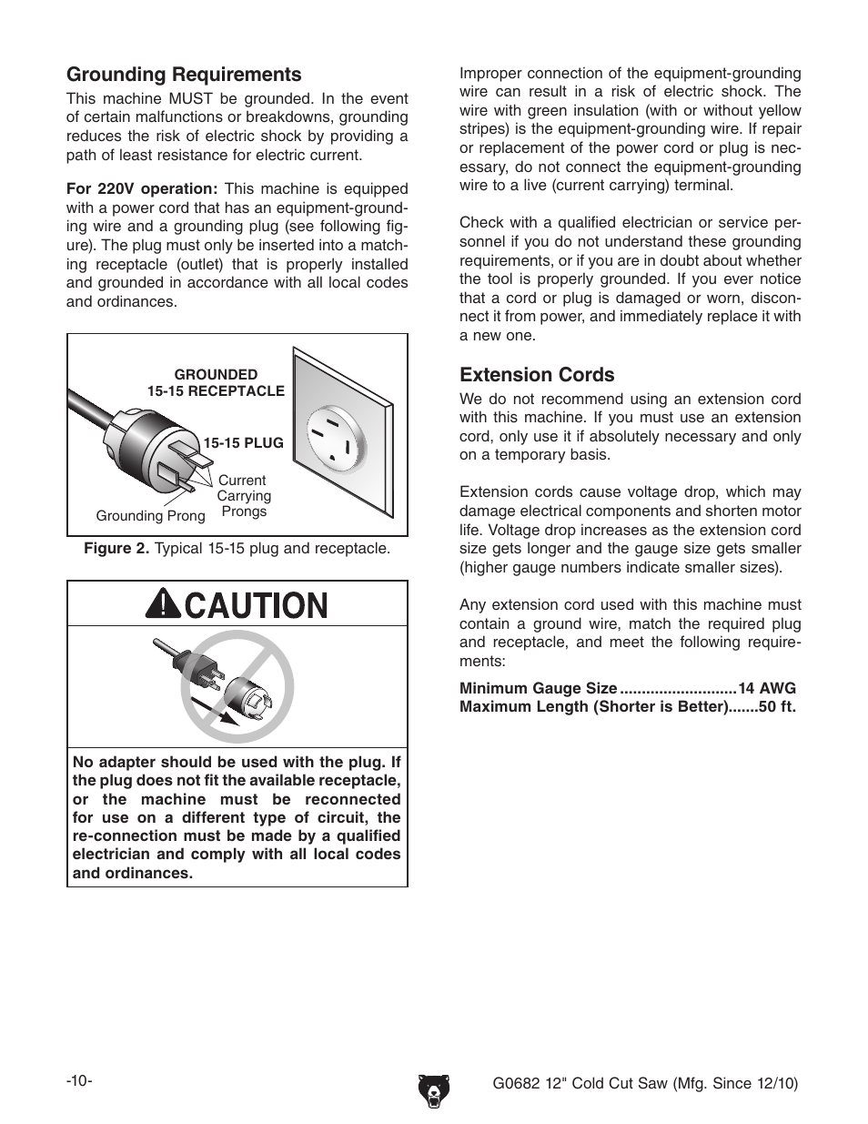 Grounding requirements, Extension cords | Grizzly 12" Cold Cut Saw G0682 User Manual | Page 12 / 52