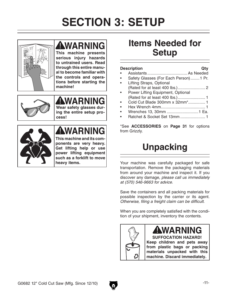 Items needed for setup, Unpacking | Grizzly 12" Cold Cut Saw G0682 User Manual | Page 13 / 52