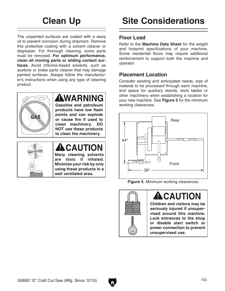 Site considerations, Clean up | Grizzly 12" Cold Cut Saw G0682 User Manual | Page 15 / 52