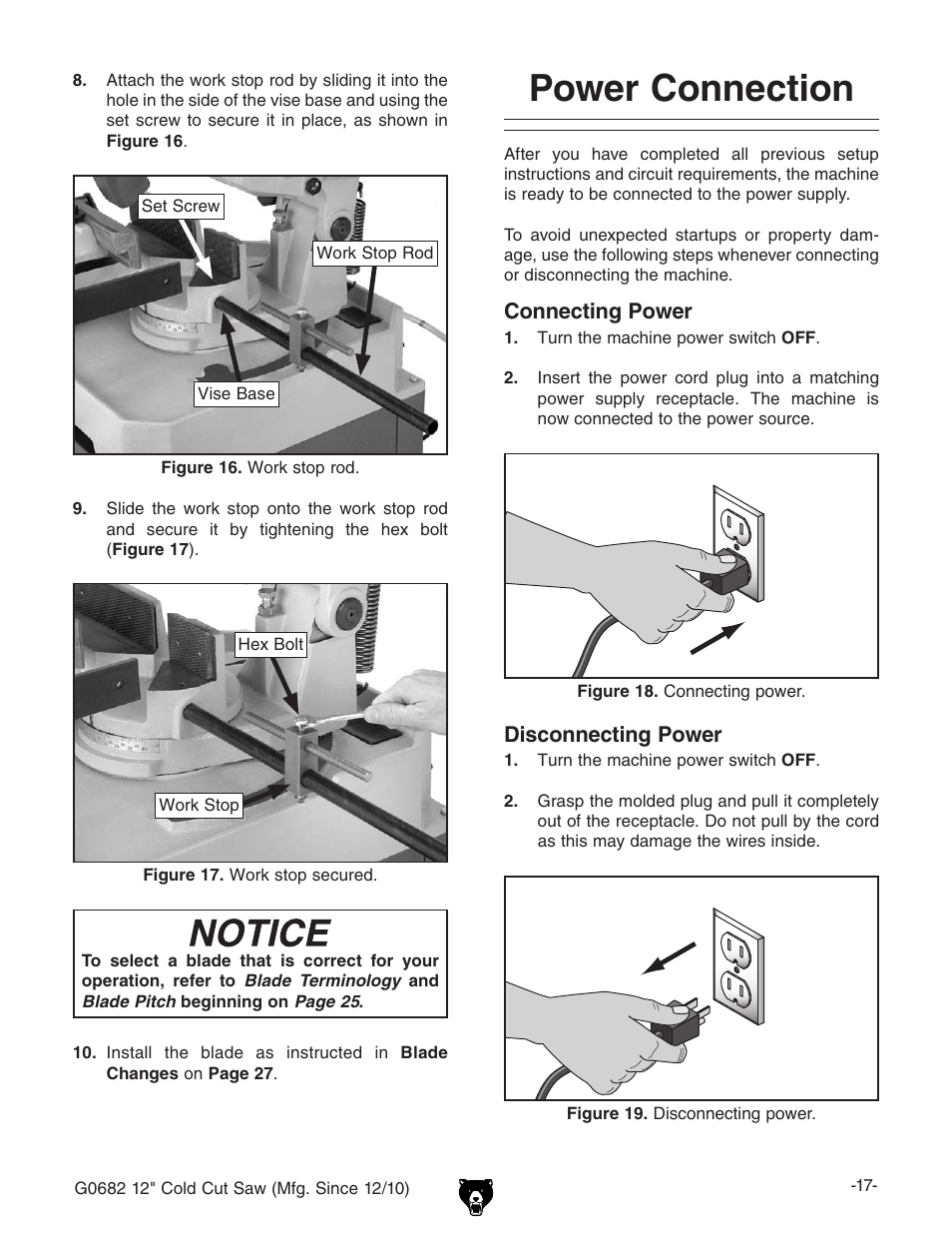 Power connection | Grizzly 12" Cold Cut Saw G0682 User Manual | Page 19 / 52