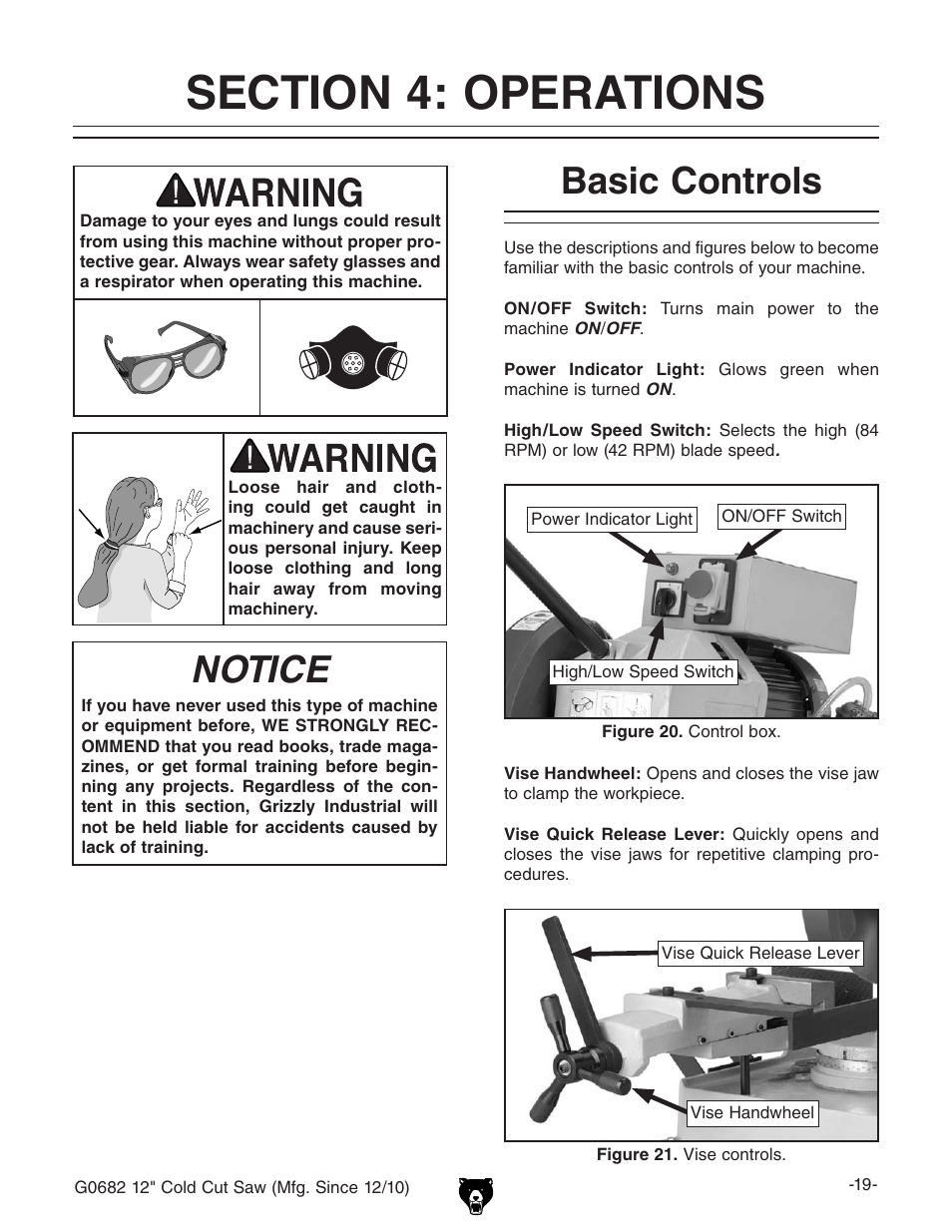 Notice, Basic controls | Grizzly 12" Cold Cut Saw G0682 User Manual | Page 21 / 52