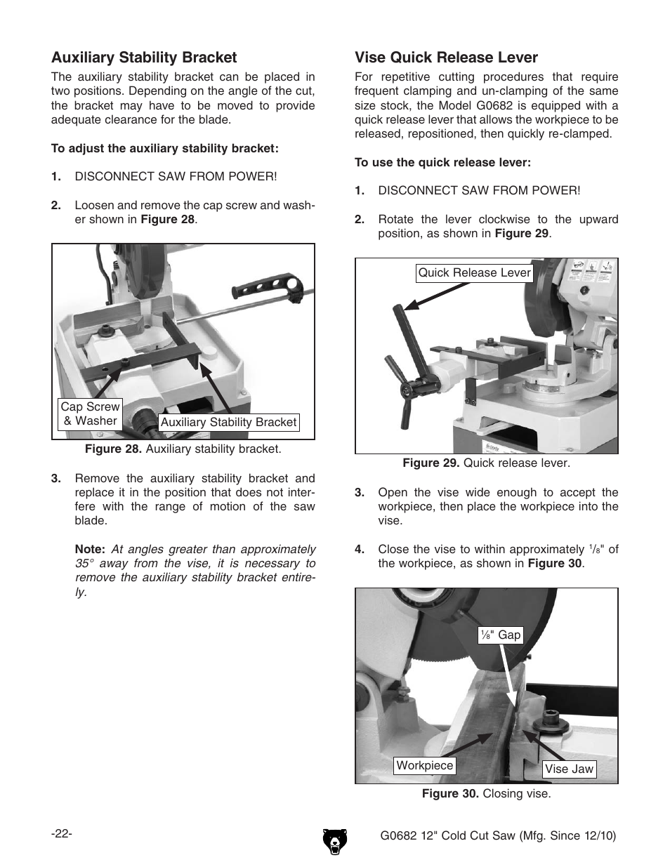 Auxiliary stability bracket, Vise quick release lever | Grizzly 12" Cold Cut Saw G0682 User Manual | Page 24 / 52