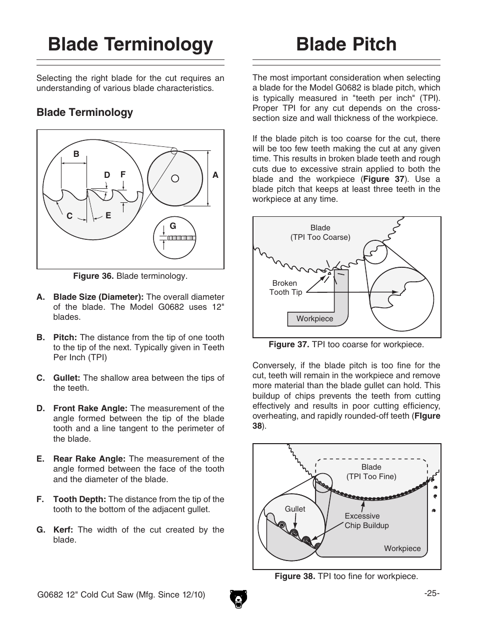 Blade terminology, Blade pitch | Grizzly 12" Cold Cut Saw G0682 User Manual | Page 27 / 52
