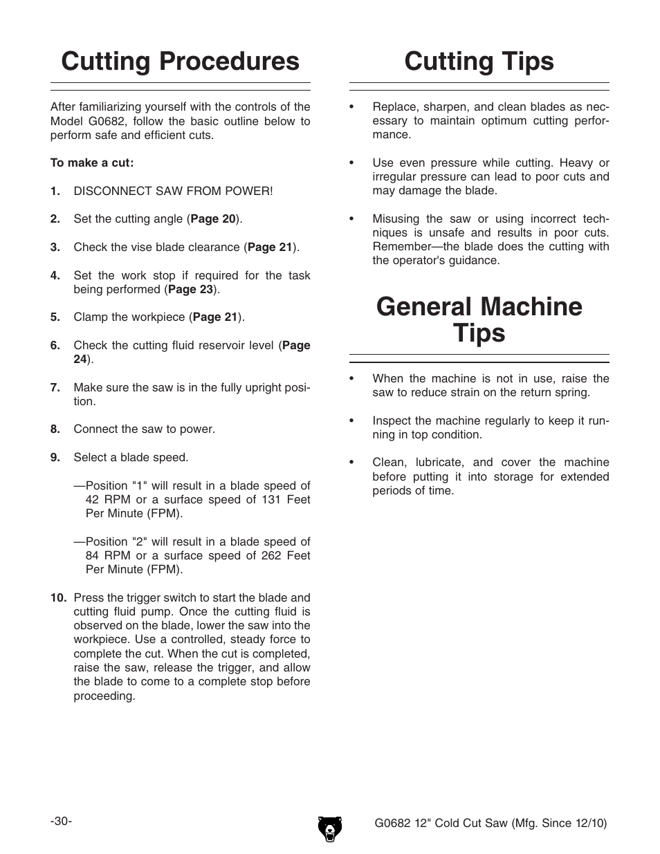 Cutting procedures, Cutting tips, General machine tips | Grizzly 12" Cold Cut Saw G0682 User Manual | Page 32 / 52