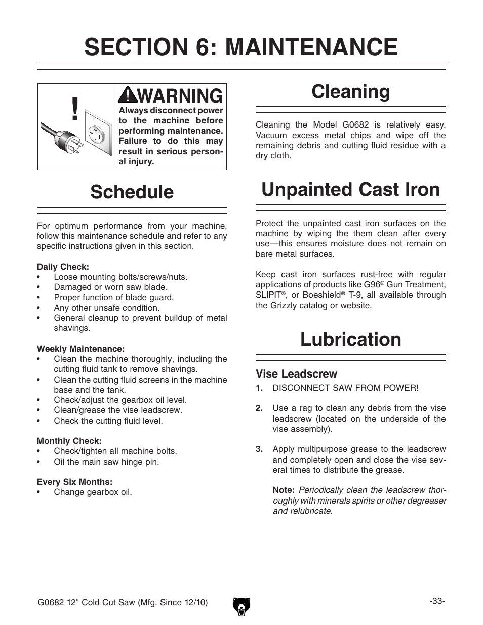 Schedule, Cleaning, Unpainted cast iron | Lubrication | Grizzly 12" Cold Cut Saw G0682 User Manual | Page 35 / 52