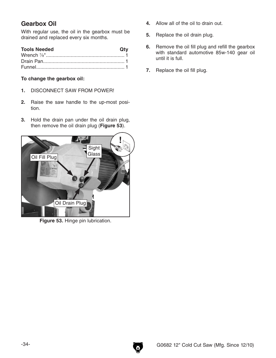 Gearbox oil | Grizzly 12" Cold Cut Saw G0682 User Manual | Page 36 / 52