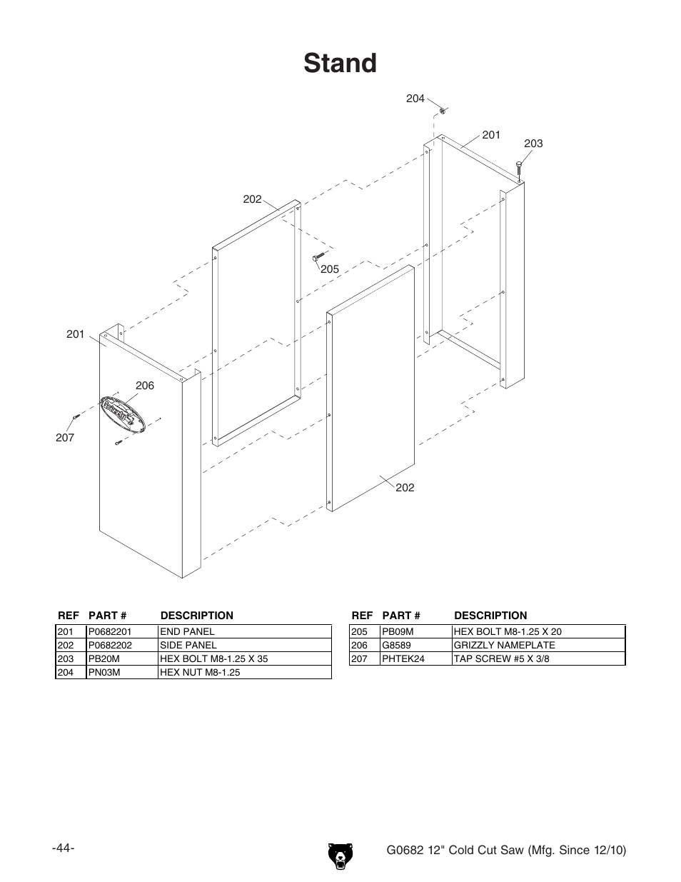 Stand | Grizzly 12" Cold Cut Saw G0682 User Manual | Page 46 / 52