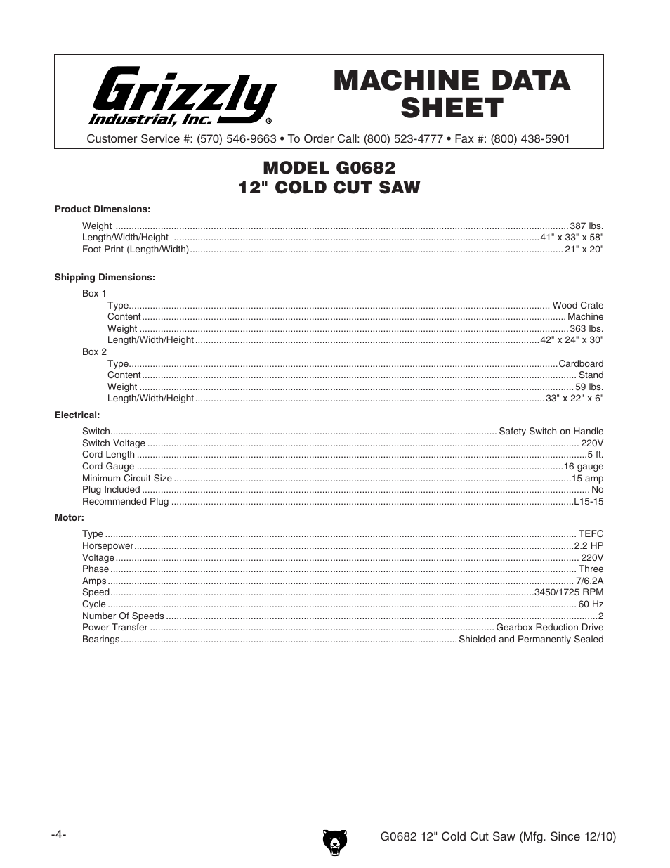 Machine data sheet | Grizzly 12" Cold Cut Saw G0682 User Manual | Page 6 / 52