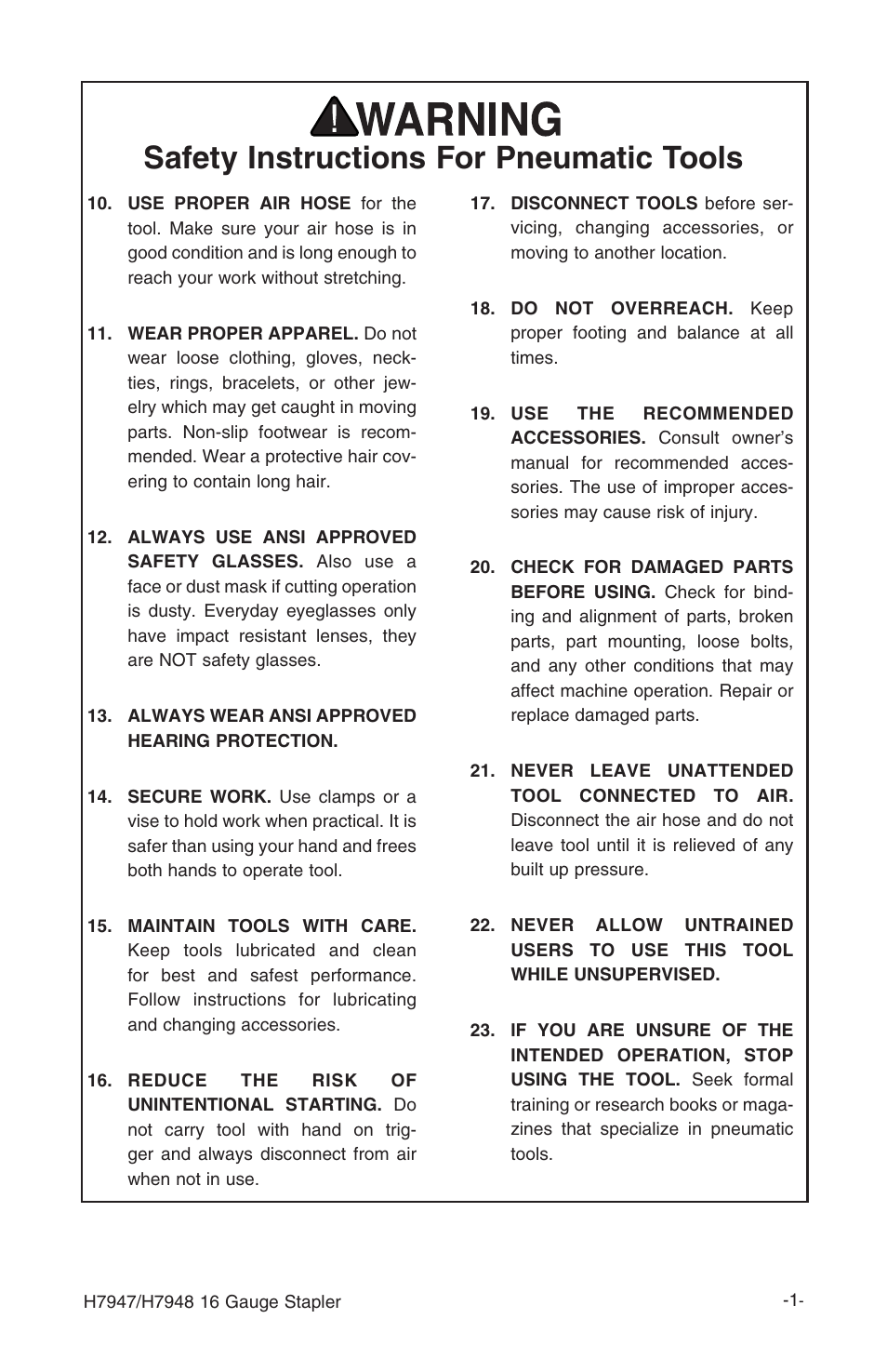 Safety instructions for pneumatic tools | Grizzly H7948 User Manual | Page 3 / 24