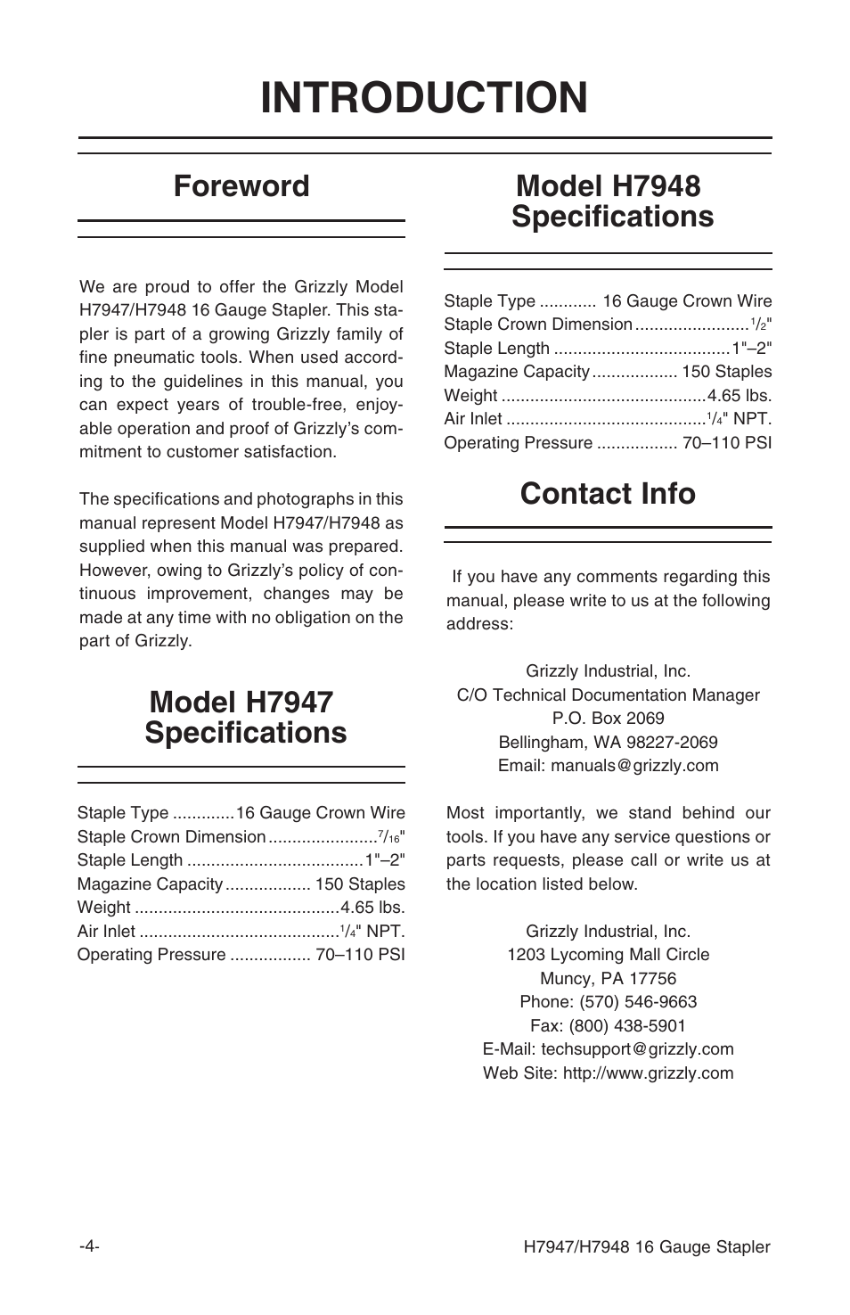 Introduction, Foreword contact info | Grizzly H7948 User Manual | Page 6 / 24