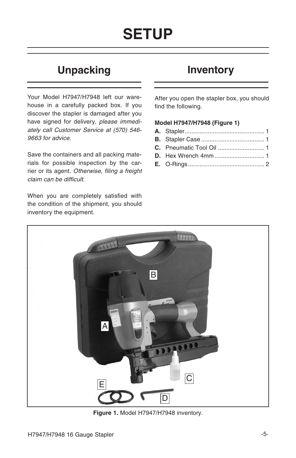 Setup, Unpacking, Inventory | Grizzly H7948 User Manual | Page 7 / 24