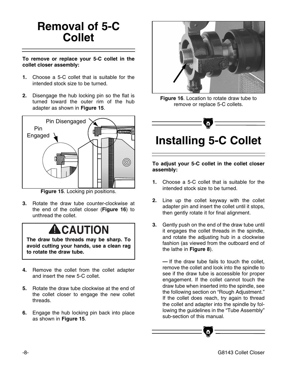 Installing 5-c collet, Removal of 5-c collet | Grizzly G8143 User Manual | Page 10 / 16