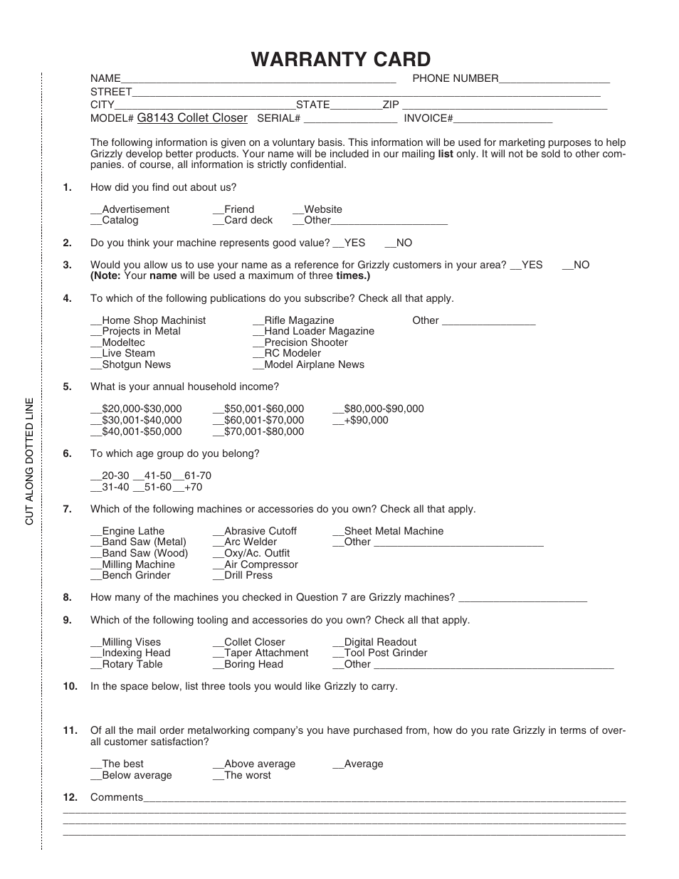 Warranty card | Grizzly G8143 User Manual | Page 15 / 16