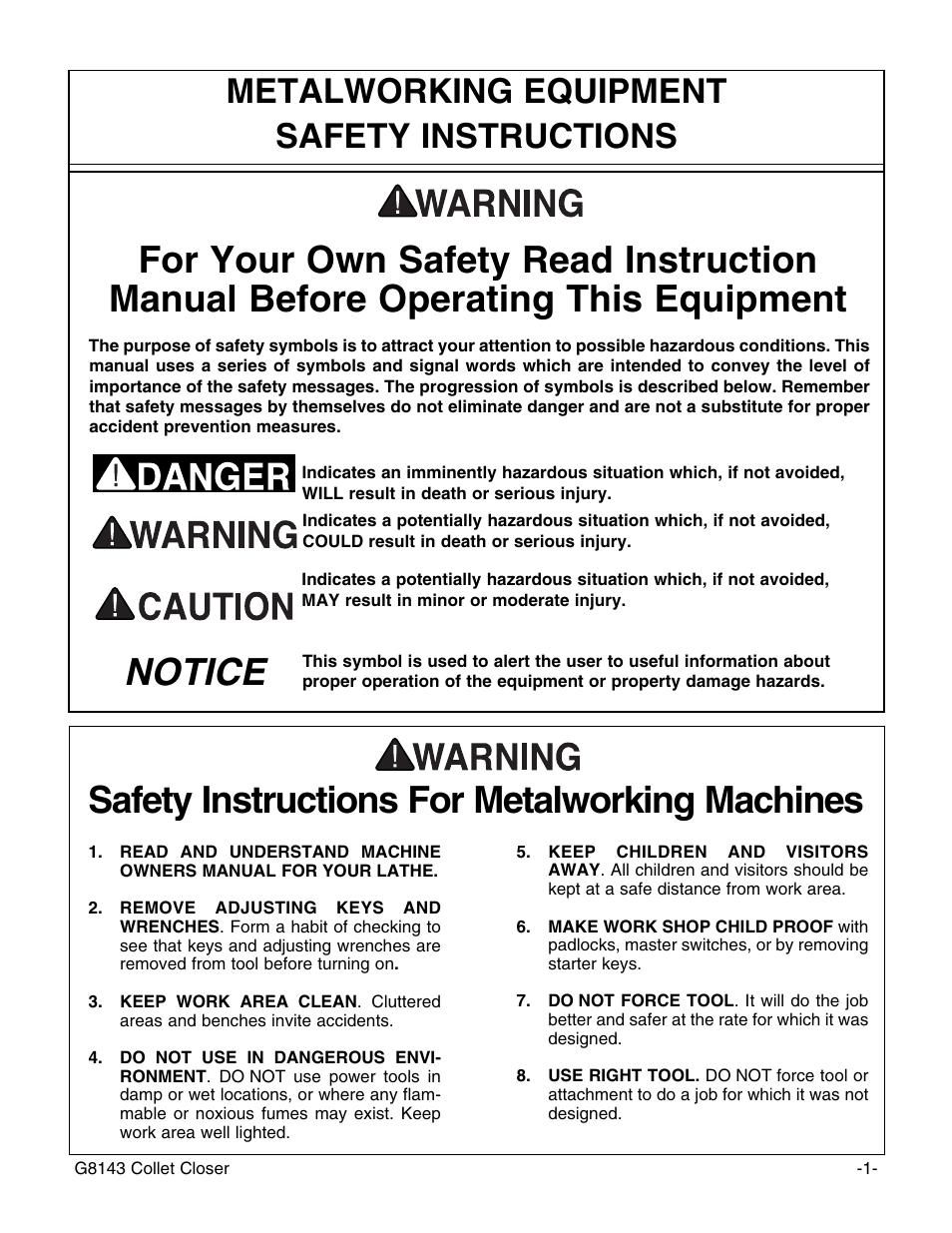 Safety instructions for metalworking machines, Notice, Metalworking equipment safety instructions | Grizzly G8143 User Manual | Page 3 / 16