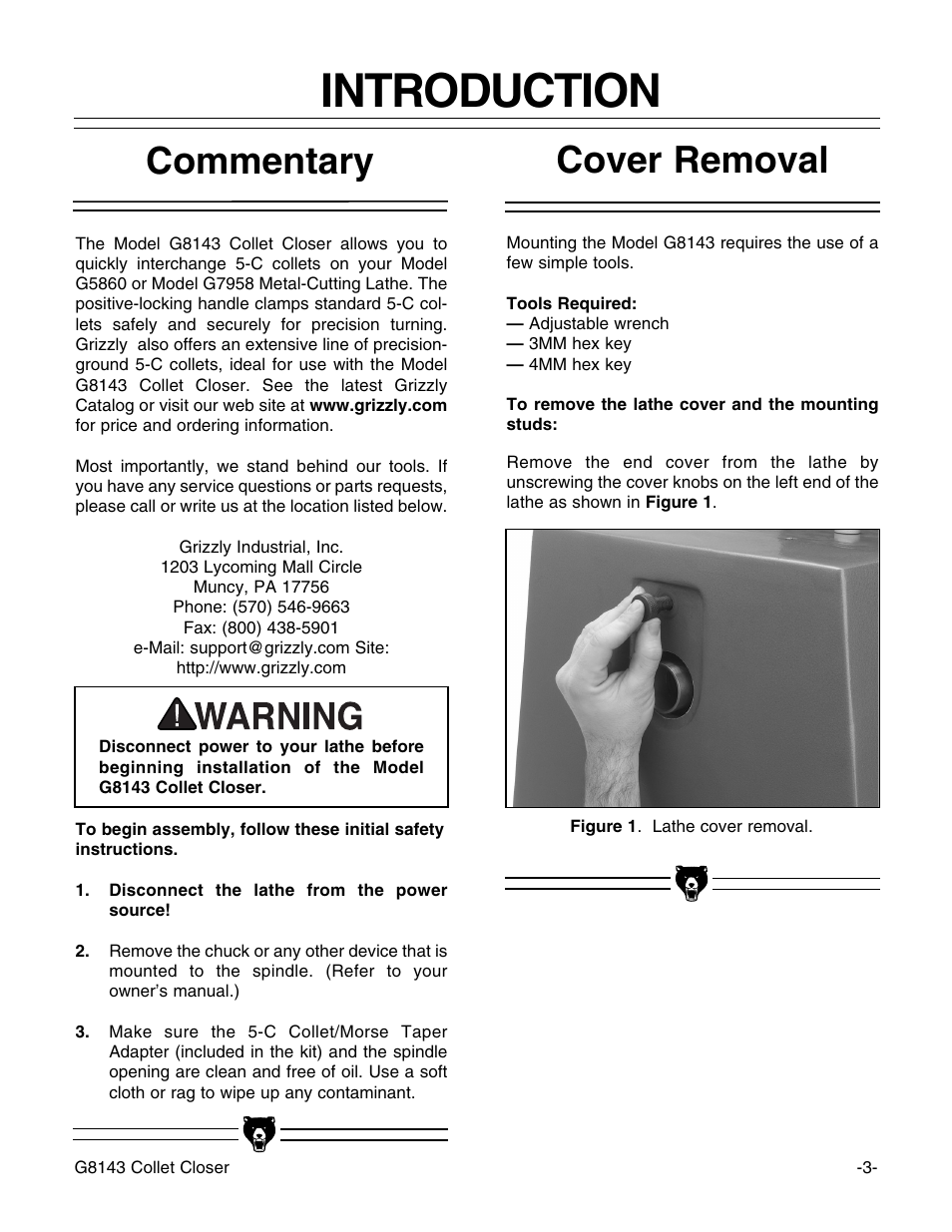 Introduction, Cover removal commentary | Grizzly G8143 User Manual | Page 5 / 16