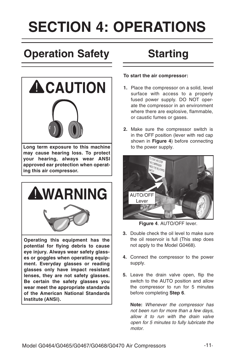 Operation safety, Starting | Grizzly G470 User Manual | Page 13 / 36